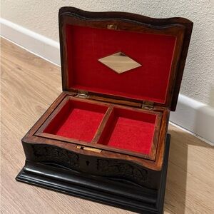 Unique Black Painted Wooden Jewelry Box with Felt Interior and Mirror